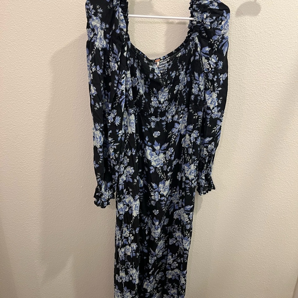 Free People Black and Blue Floral Long Sleeve Dress